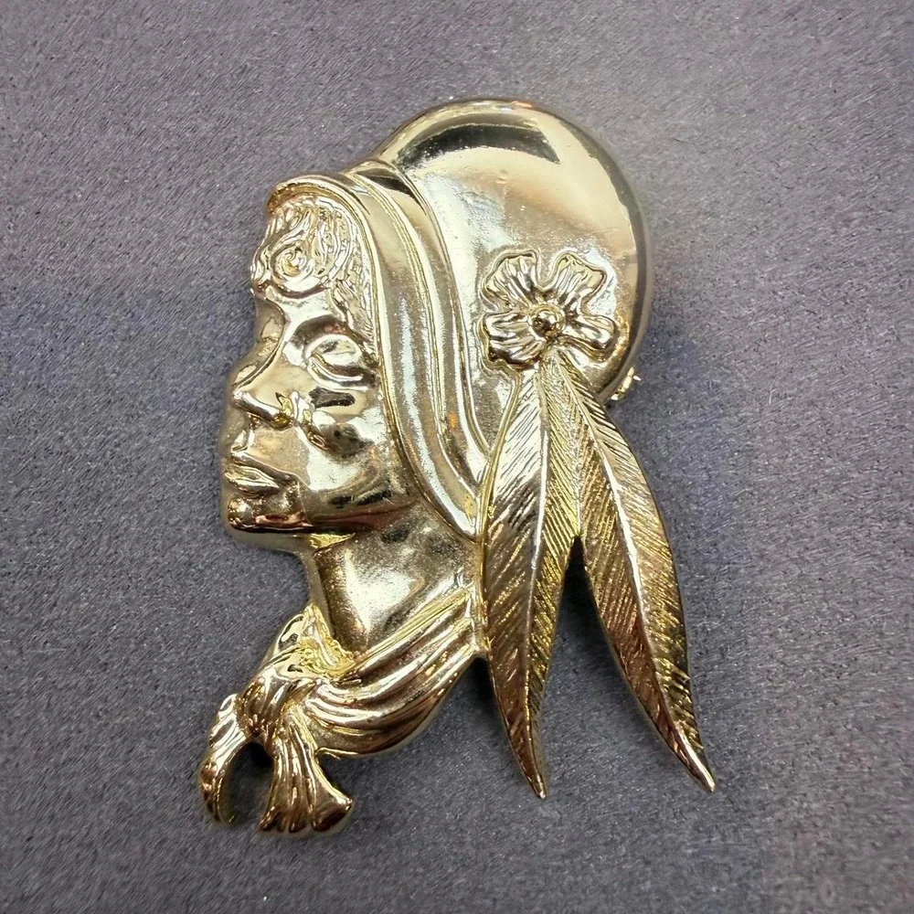 Torino Vintage Figural Brooch Woman Profile Feather Flower Gold Tone Pin